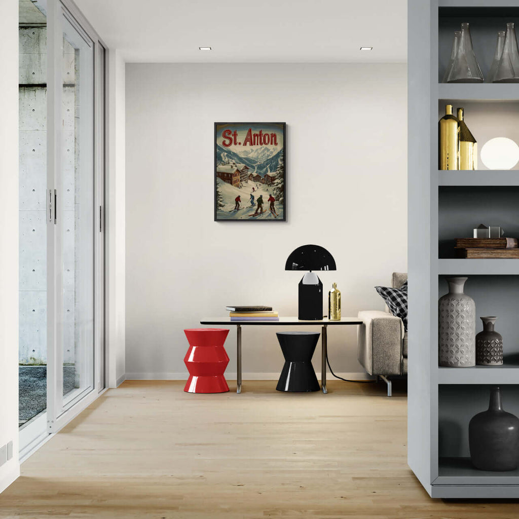 St. Anton - Winter Charm - Poster displayed in modern living room with stylish furnishings.