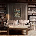 St. Anton - Winter Charm - Poster displayed in a cozy room with bookshelves and a comfortable sofa.
