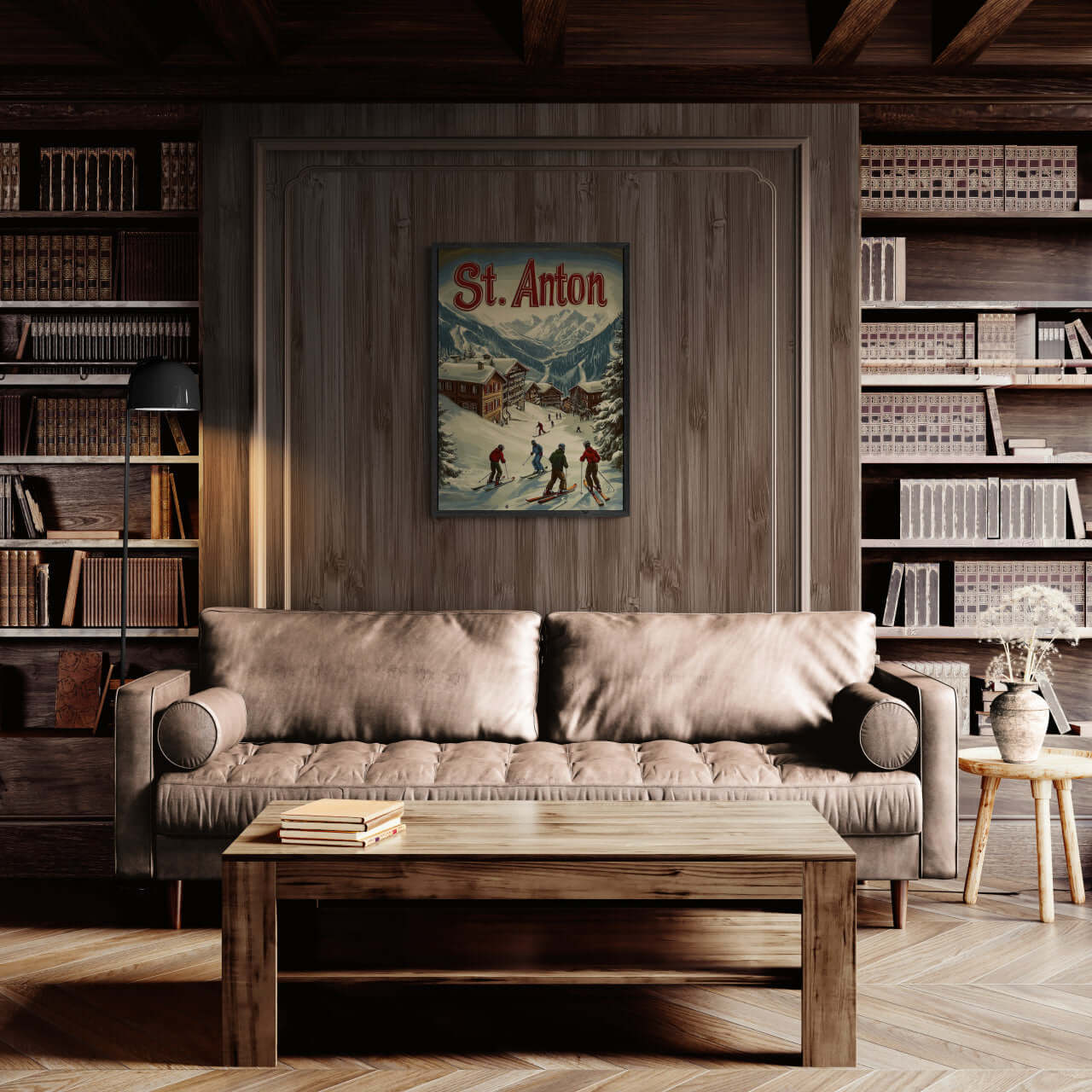 St. Anton - Winter Charm - Poster displayed in a cozy room with bookshelves and a comfortable sofa.