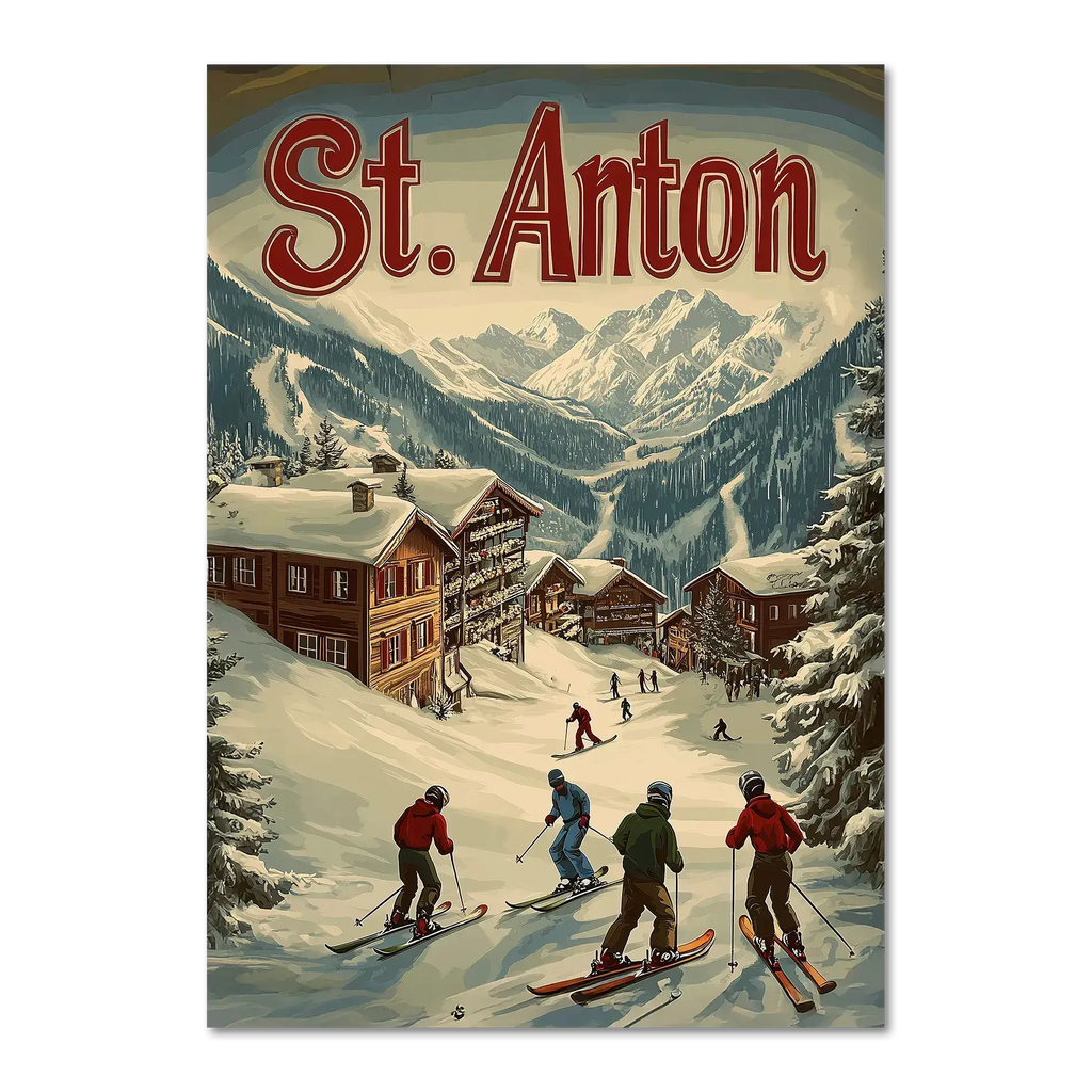 St. Anton - Winter Charm - Poster featuring a lively winter scene with skiers in a snowy village.