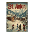 St. Anton - Winter Charm - Poster featuring a lively winter scene with skiers in a snowy village.