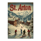 St. Anton - Winter Charm - Poster featuring a lively winter scene with skiers in a snowy village.