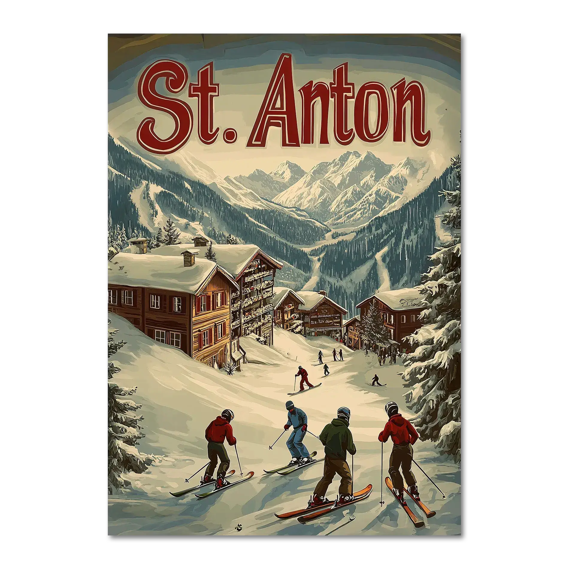 St. Anton - Winter Charm - Poster featuring a lively winter scene with skiers in a snowy village.