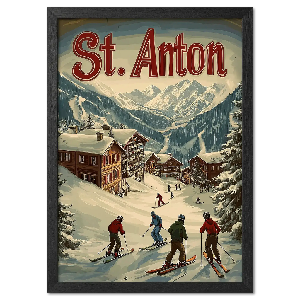 St. Anton - Winter Charm - Poster featuring skiers in a snowy village with alpine chalets and mountains.