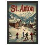 St. Anton - Winter Charm - Poster featuring skiers in a snowy village with alpine chalets and mountains.