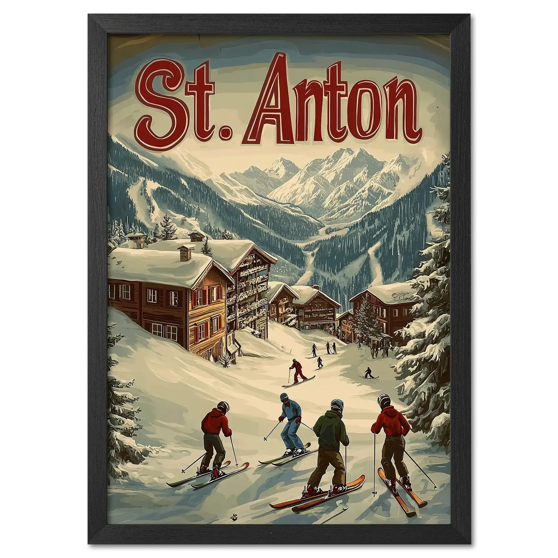 St. Anton - Winter Charm - Poster featuring skiers in a snowy village with alpine chalets and mountains.