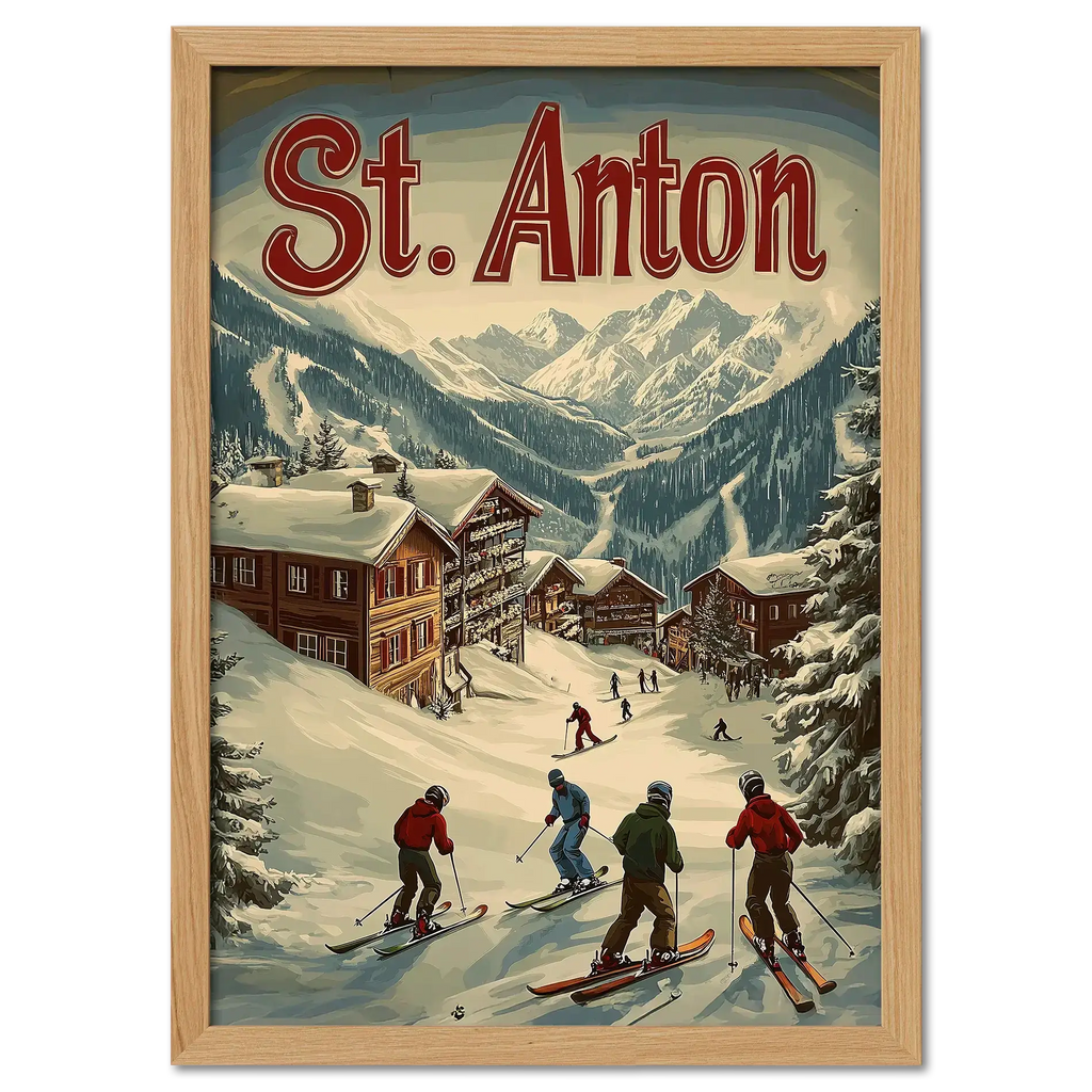 St. Anton - Winter Charm - Poster showcasing skiers enjoying a snowy village with alpine chalets in a lively winter scene.