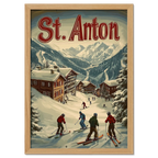 St. Anton - Winter Charm - Poster showcasing skiers enjoying a snowy village with alpine chalets in a lively winter scene.
