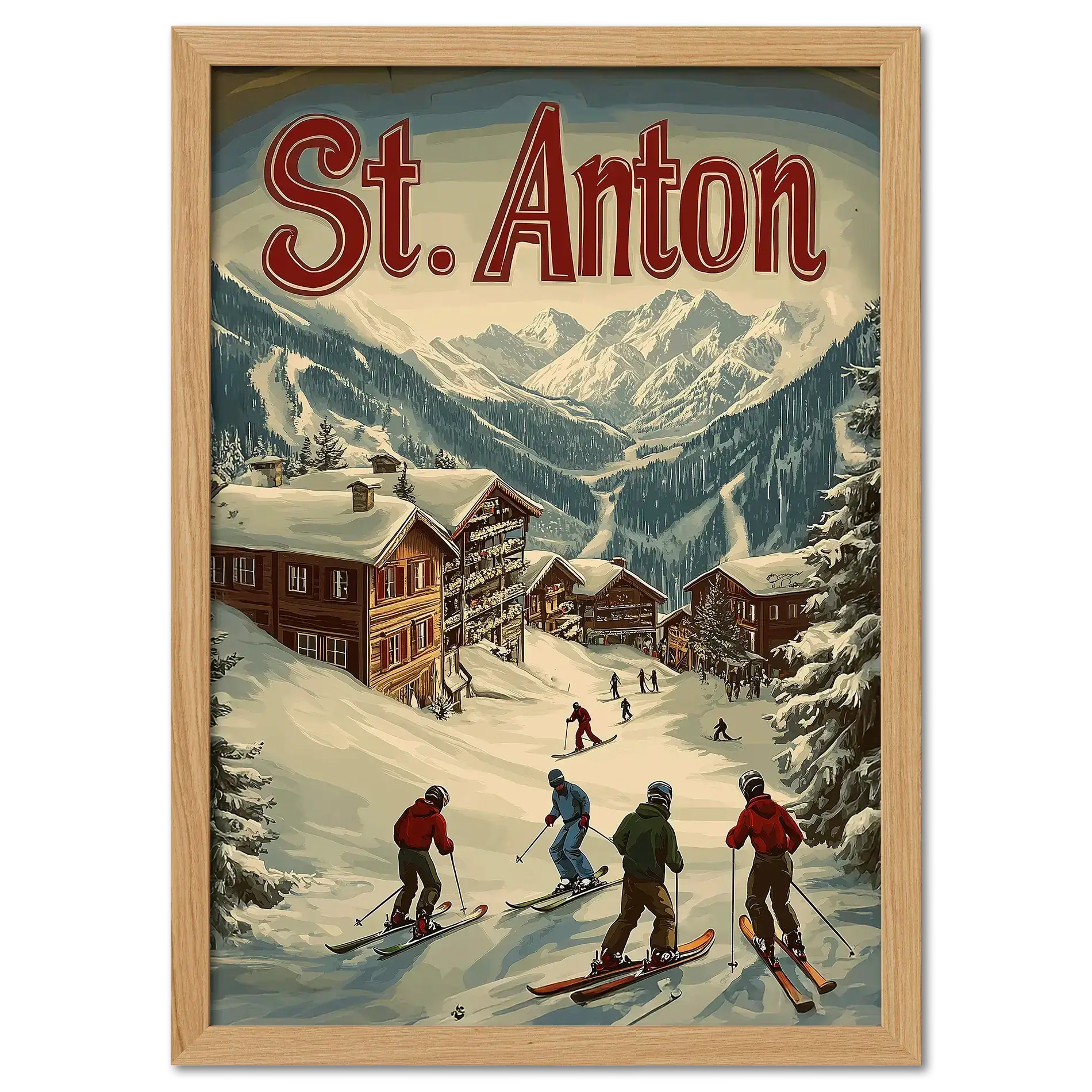 St. Anton - Winter Charm - Poster showcasing skiers enjoying a snowy village with alpine chalets in a lively winter scene.