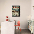 St. Anton - Winter Charm - Poster displayed in a modern office setting, showcasing a lively winter scene.