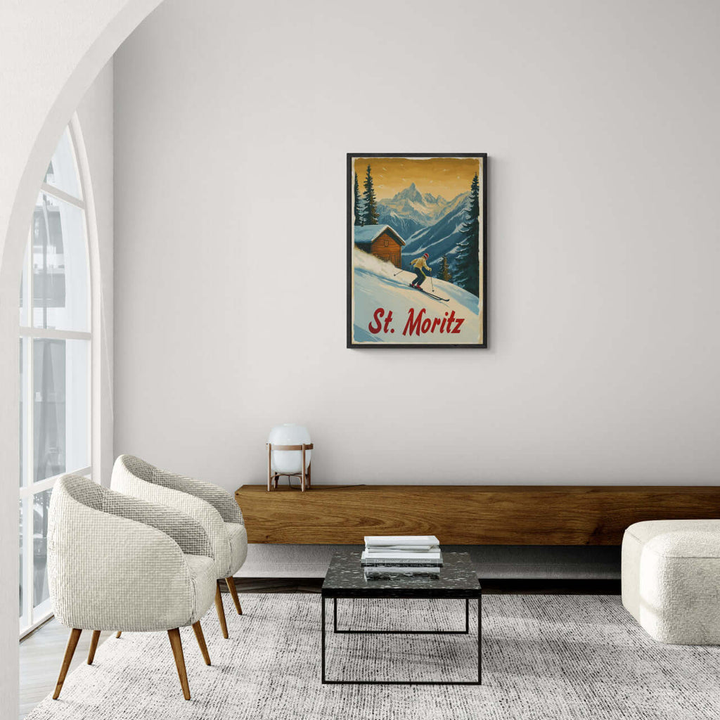St. Moritz - Alpine Skiing Adventure - Poster displayed in a modern living room with cozy furniture and natural light.