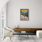 St. Moritz - Alpine Skiing Adventure - Poster displayed in a modern living room with cozy furniture and natural light.