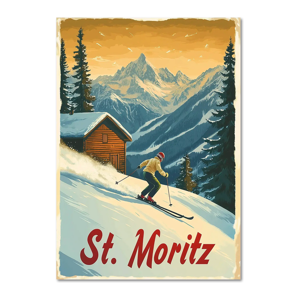 St. Moritz - Alpine Skiing Adventure - Poster featuring a skier on a snowy slope with mountains and a chalet.