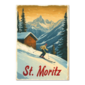 St. Moritz - Alpine Skiing Adventure - Poster featuring a skier on a snowy slope with mountains and a chalet.