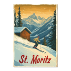 St. Moritz - Alpine Skiing Adventure - Poster featuring a skier on a snowy slope with mountains and a chalet.