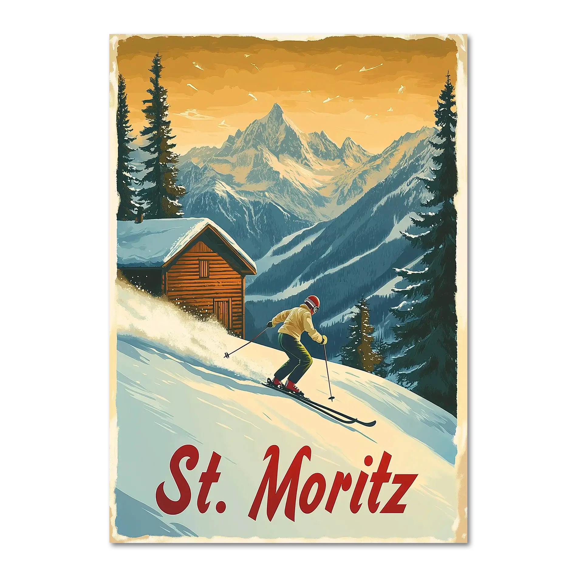 St. Moritz - Alpine Skiing Adventure - Poster featuring a skier on a snowy slope with mountains and a chalet.
