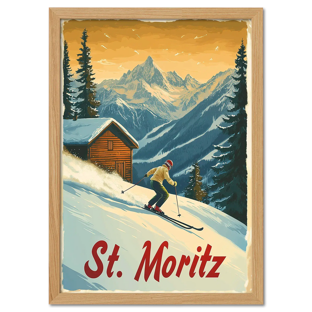 St. Moritz - Alpine Skiing Adventure - Poster featuring a skier descending a snowy slope with mountains in the background.