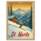 St. Moritz - Alpine Skiing Adventure - Poster featuring a skier descending a snowy slope with mountains in the background.