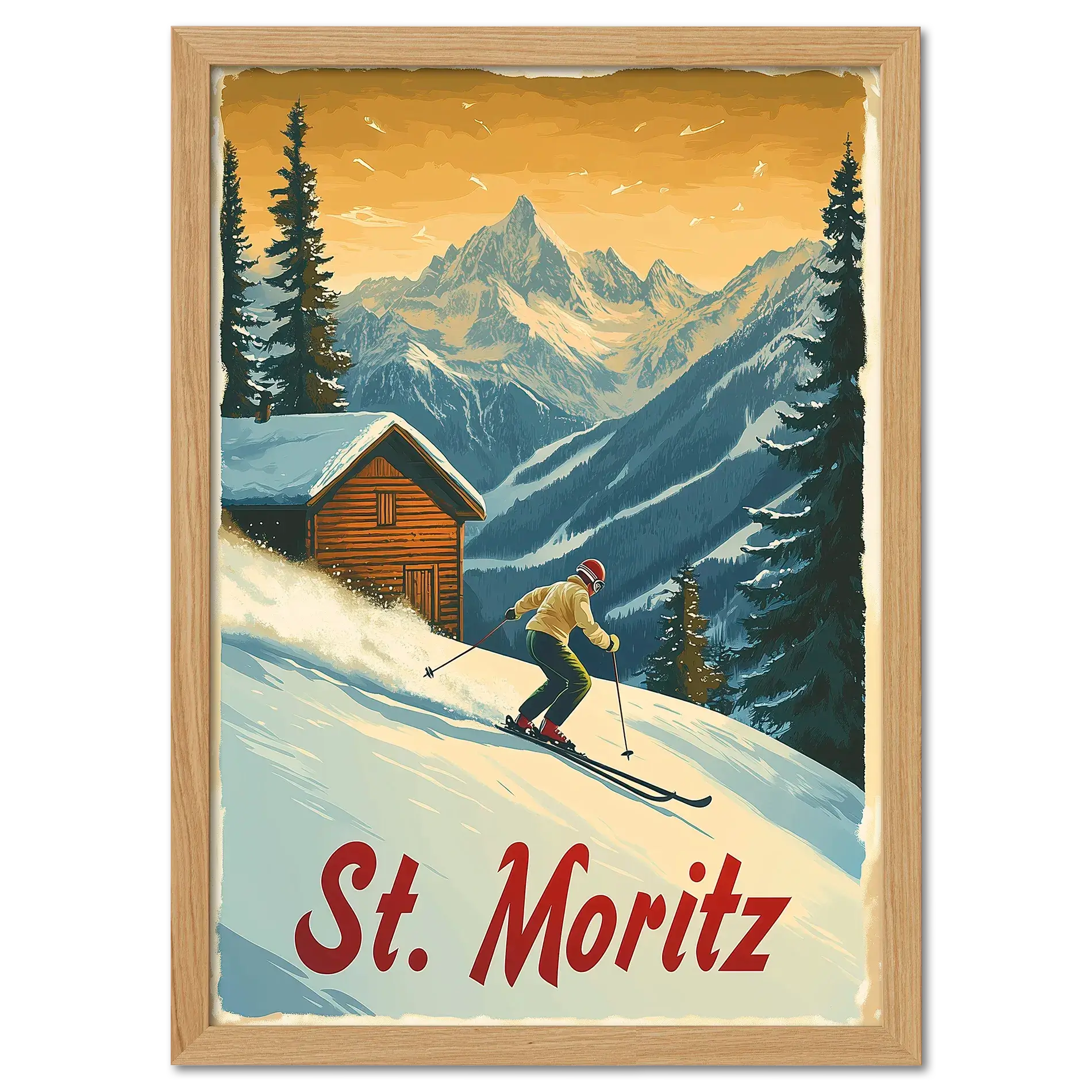 St. Moritz - Alpine Skiing Adventure - Poster featuring a skier descending a snowy slope with mountains in the background.