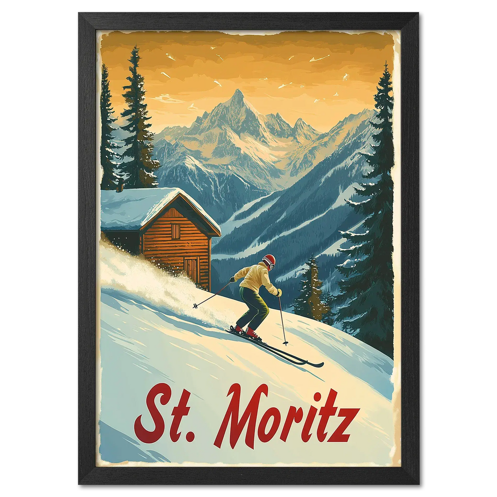 St. Moritz - Alpine Skiing Adventure - Poster featuring a skier on a snowy slope with mountains in the backdrop.