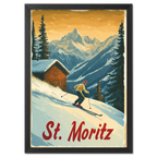 St. Moritz - Alpine Skiing Adventure - Poster featuring a skier on a snowy slope with mountains in the backdrop.