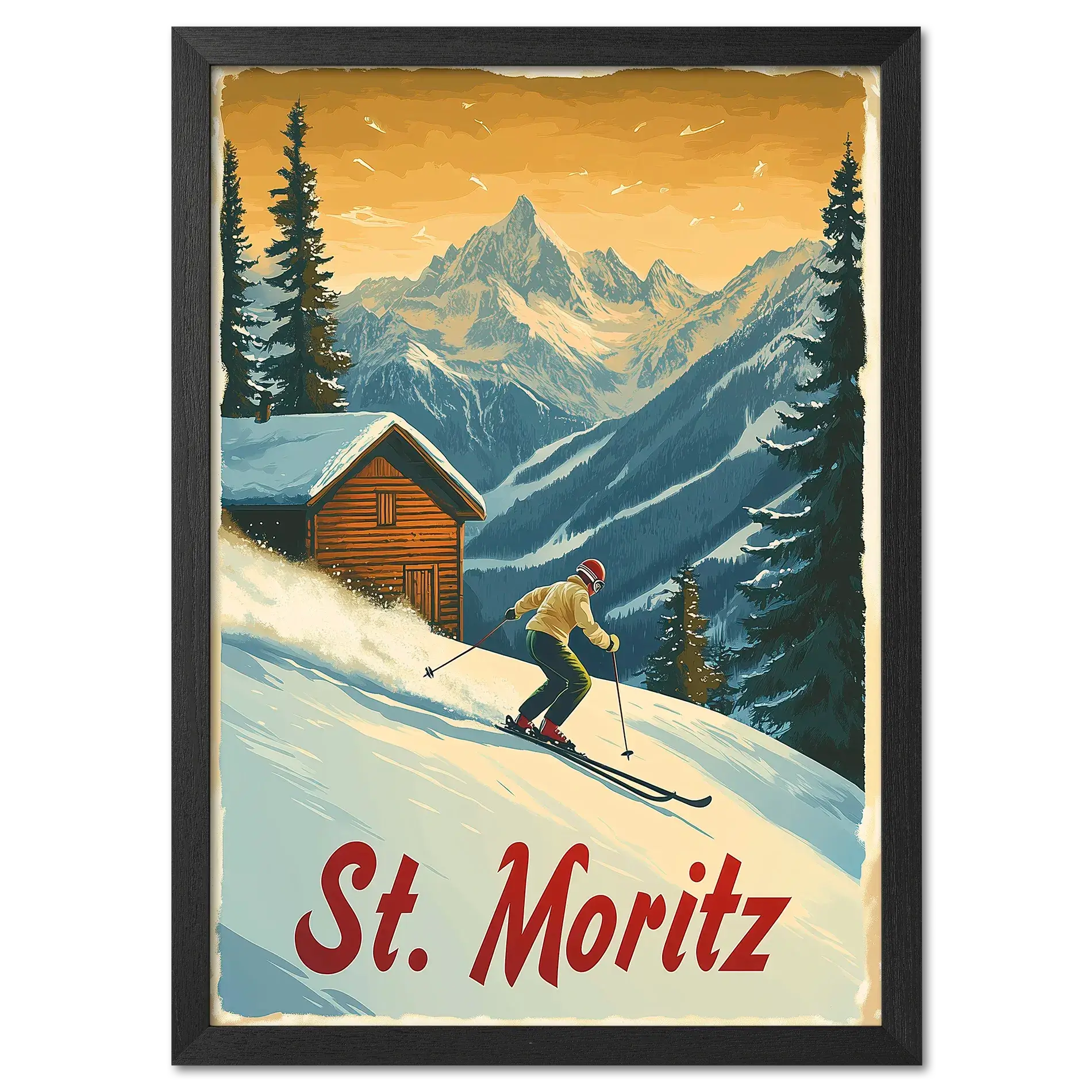 St. Moritz - Alpine Skiing Adventure - Poster featuring a skier on a snowy slope with mountains in the backdrop.