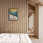 St. Moritz - Alpine Skiing Adventure - Poster displayed in a cozy wooden room with a warm ambience.