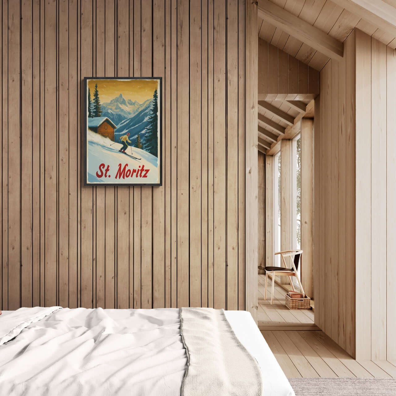 St. Moritz - Alpine Skiing Adventure - Poster displayed in a cozy wooden room with a warm ambience.