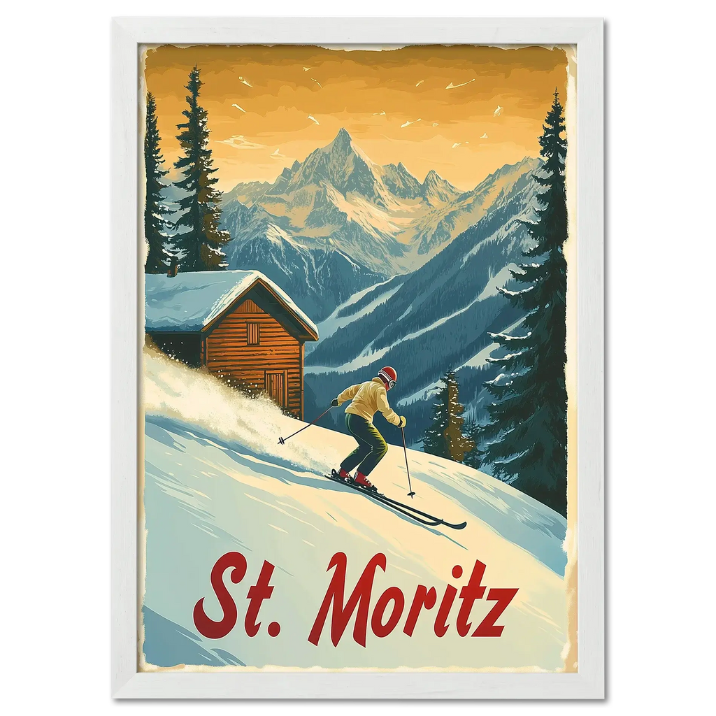 St. Moritz - Alpine Skiing Adventure - Poster featuring a skier on a snowy slope with a chalet and mountains.