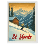 St. Moritz - Alpine Skiing Adventure - Poster featuring a skier on a snowy slope with a chalet and mountains.