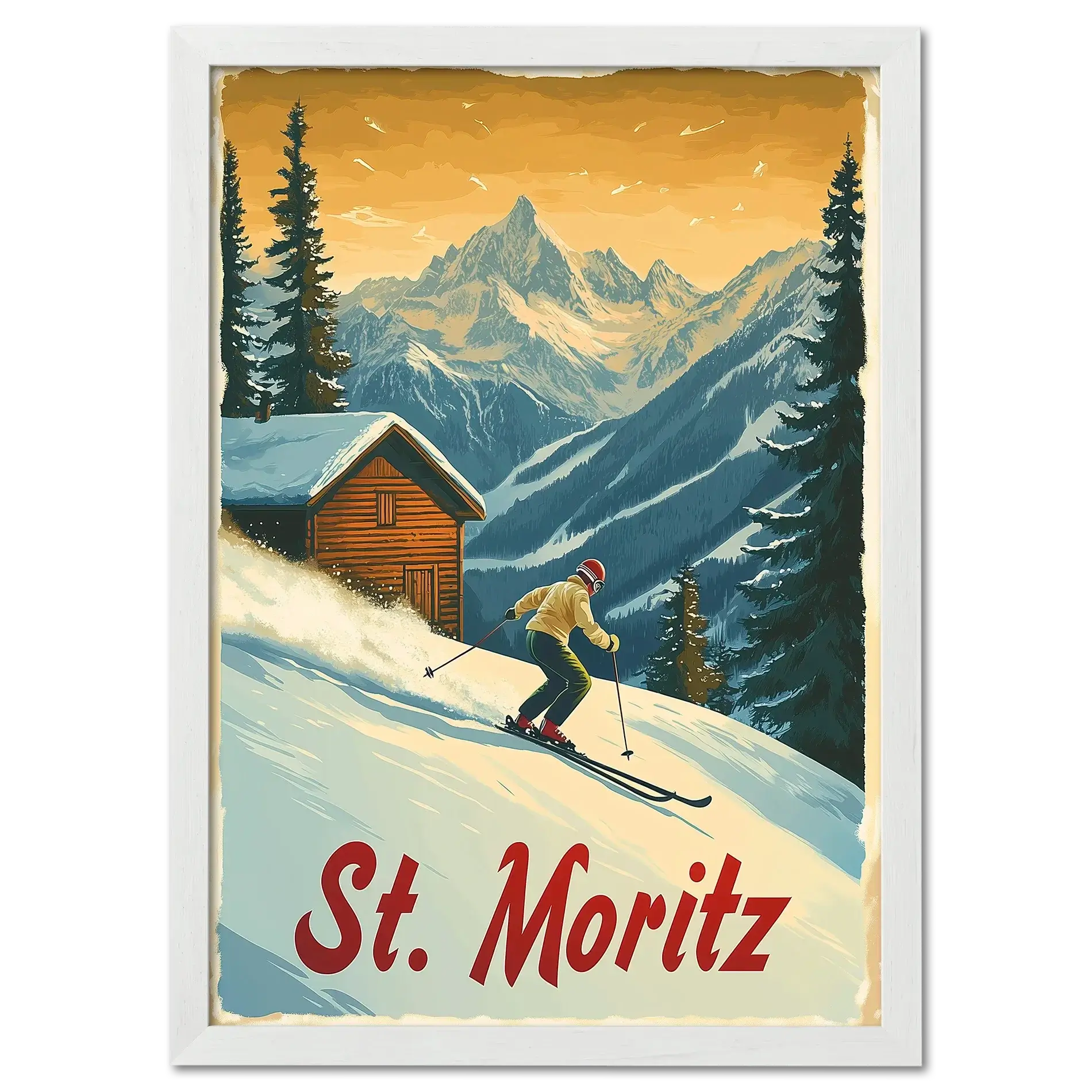 St. Moritz - Alpine Skiing Adventure - Poster featuring a skier on a snowy slope with a chalet and mountains.