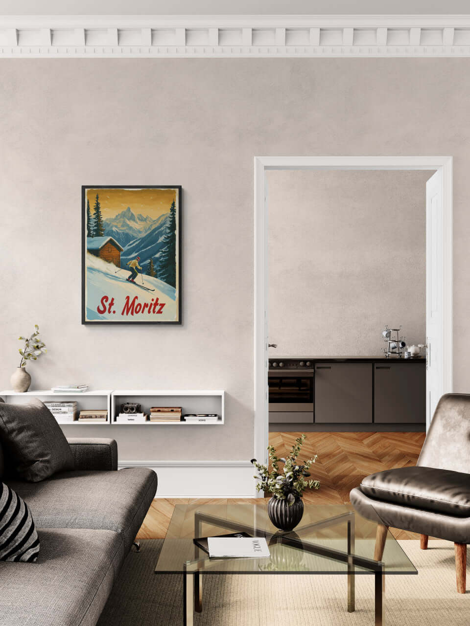 St. Moritz - Alpine Skiing Adventure - Poster displayed in a modern living room with alpine decor.
