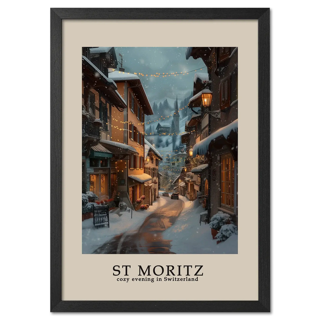 St. Moritz - Poster showcasing a cozy winter street in St. Moritz, illuminated by warm lights during evening snowfall.