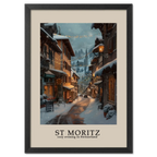 St. Moritz - Poster showcasing a cozy winter street in St. Moritz, illuminated by warm lights during evening snowfall.