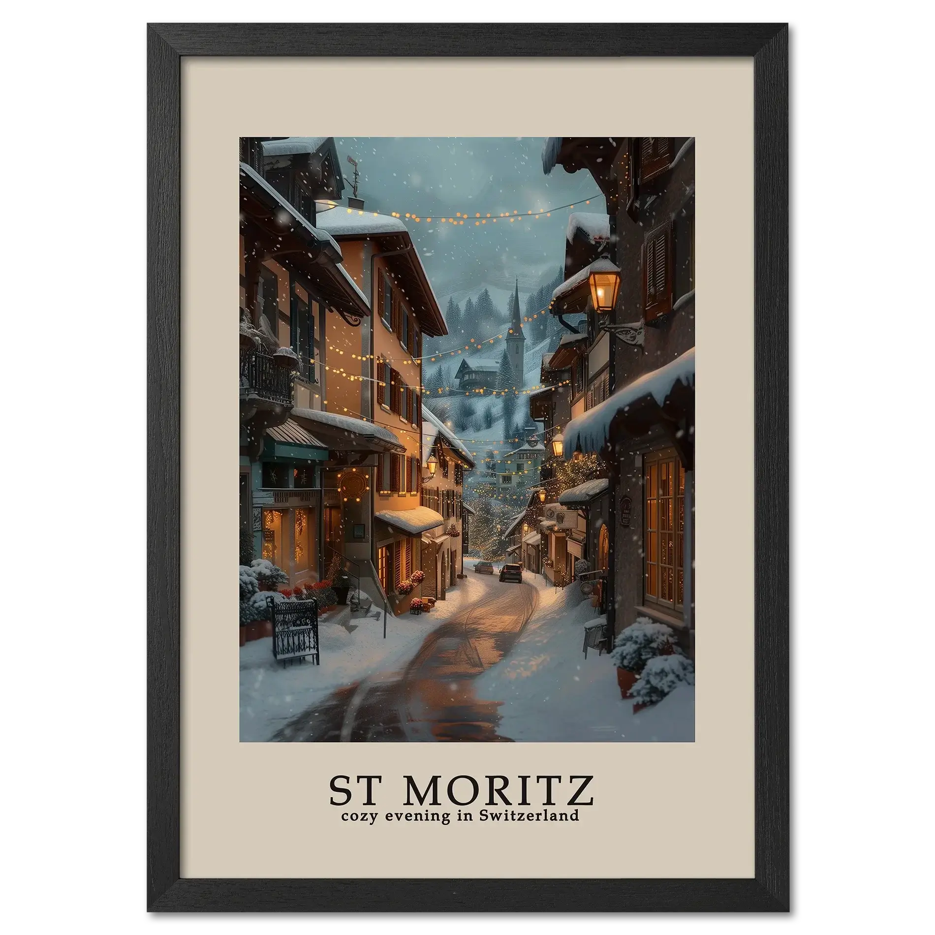 St. Moritz - Poster showcasing a cozy winter street in St. Moritz, illuminated by warm lights during evening snowfall.