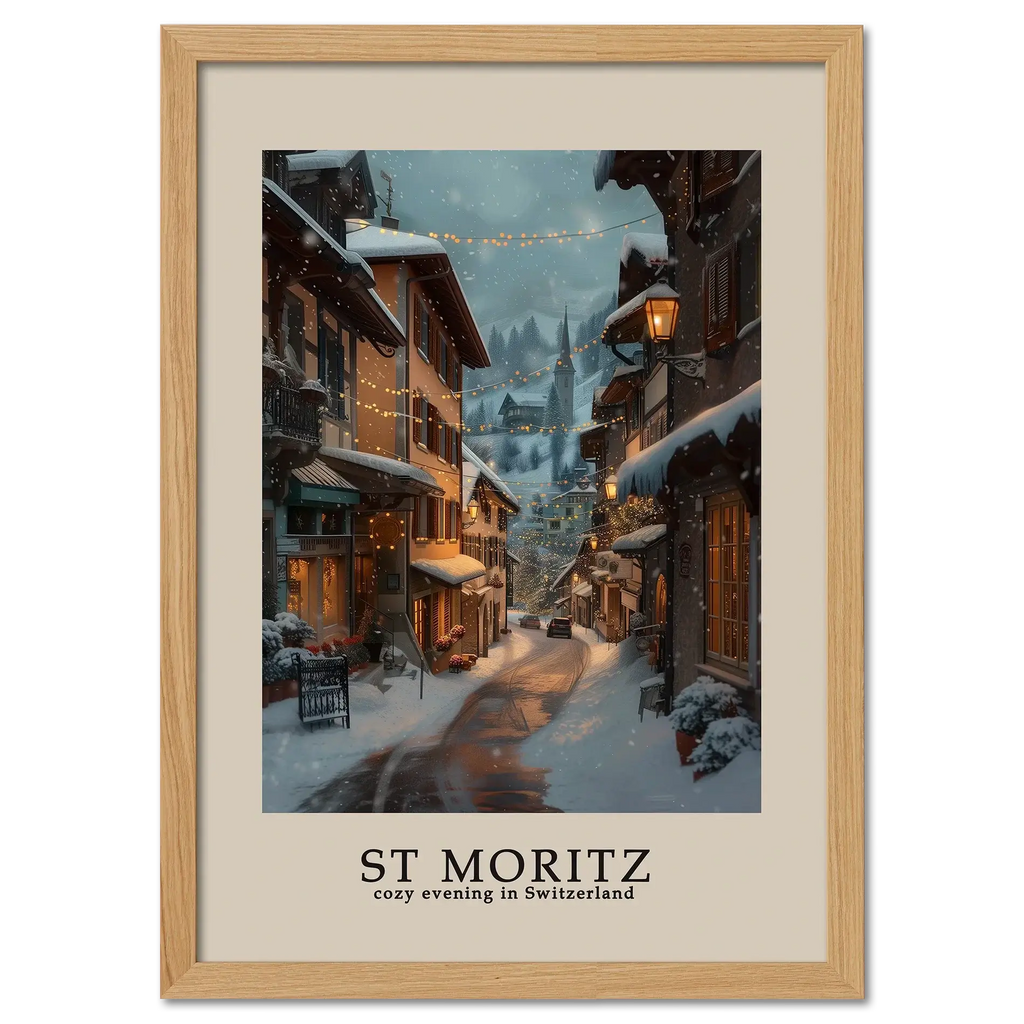 St. Moritz - Poster, cozy winter street scene with snow, warm lights, and inviting alpine village atmosphere.