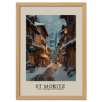 St. Moritz - Poster, cozy winter street scene with snow, warm lights, and inviting alpine village atmosphere.