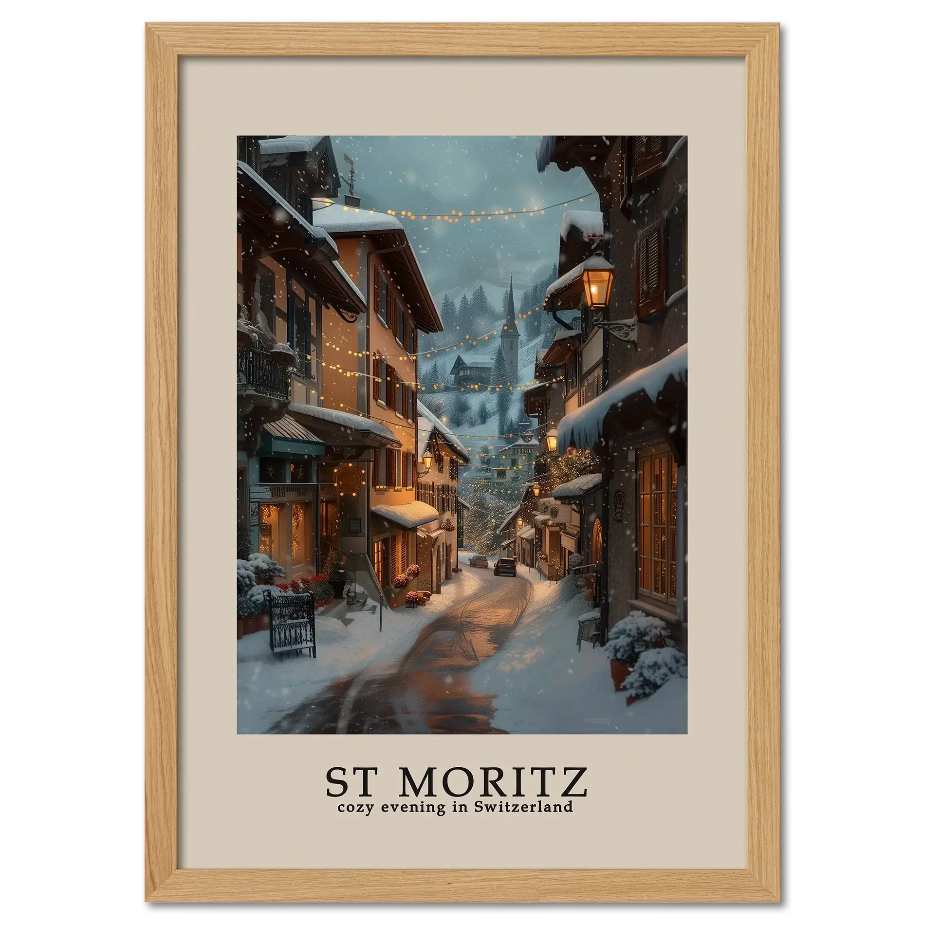 St. Moritz - Poster, cozy winter street scene with snow, warm lights, and inviting alpine village atmosphere.