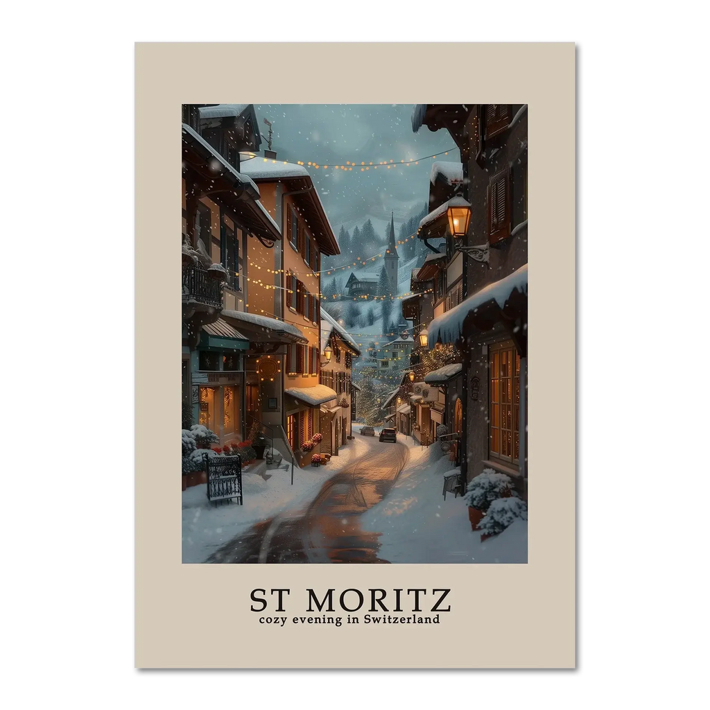 St. Moritz - Poster featuring a cozy winter street scene during snowfall with warm lights glowing.