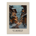 St. Moritz - Poster featuring a cozy winter street scene during snowfall with warm lights glowing.