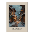 St. Moritz - Poster featuring a cozy winter street scene during snowfall with warm lights glowing.
