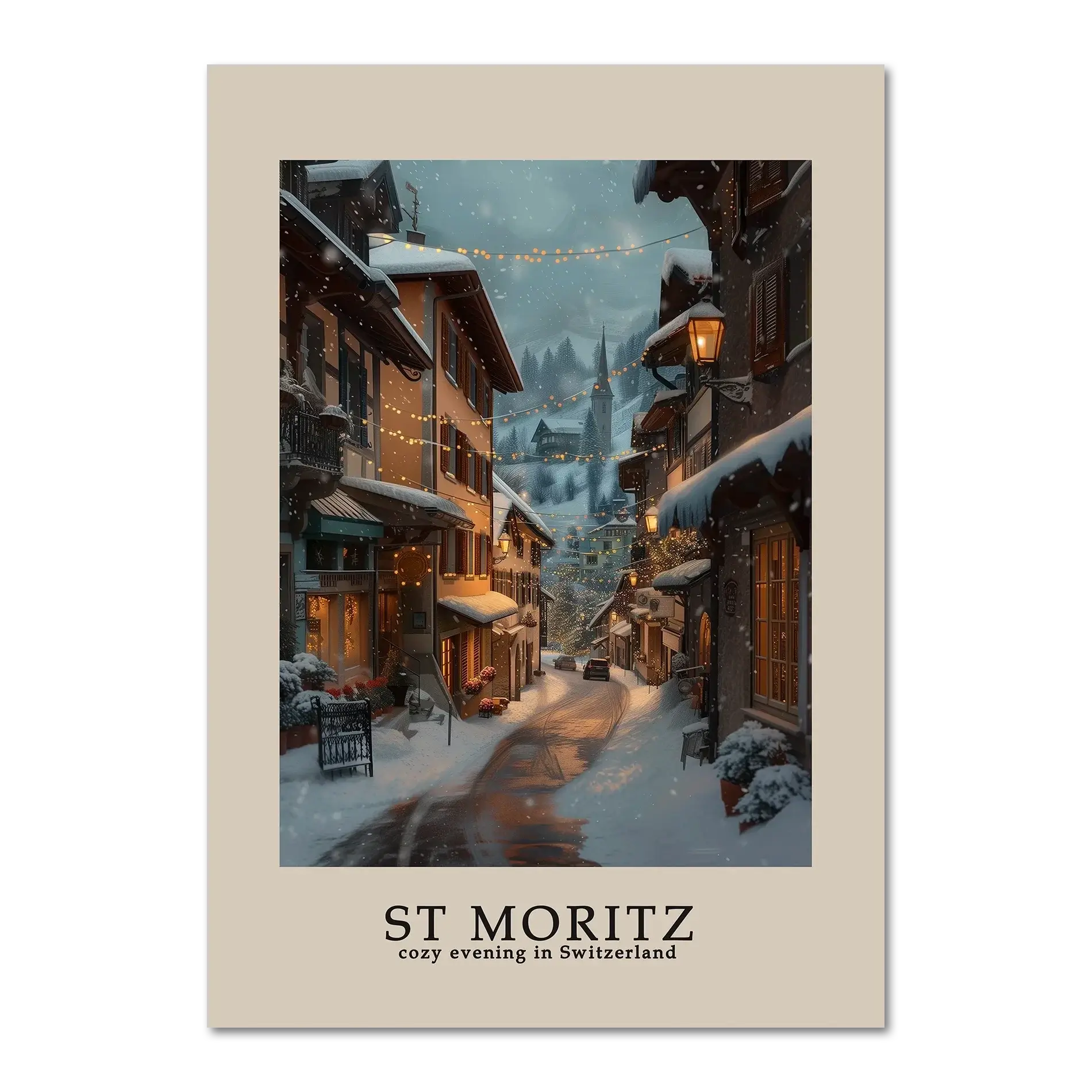 St. Moritz - Poster featuring a cozy winter street scene during snowfall with warm lights glowing.