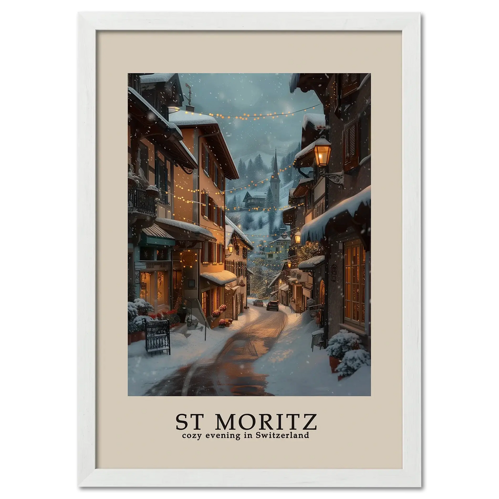 St. Moritz - Poster featuring cozy winter street with snow and warm lights in Switzerland.