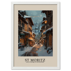 St. Moritz - Poster featuring cozy winter street with snow and warm lights in Switzerland.