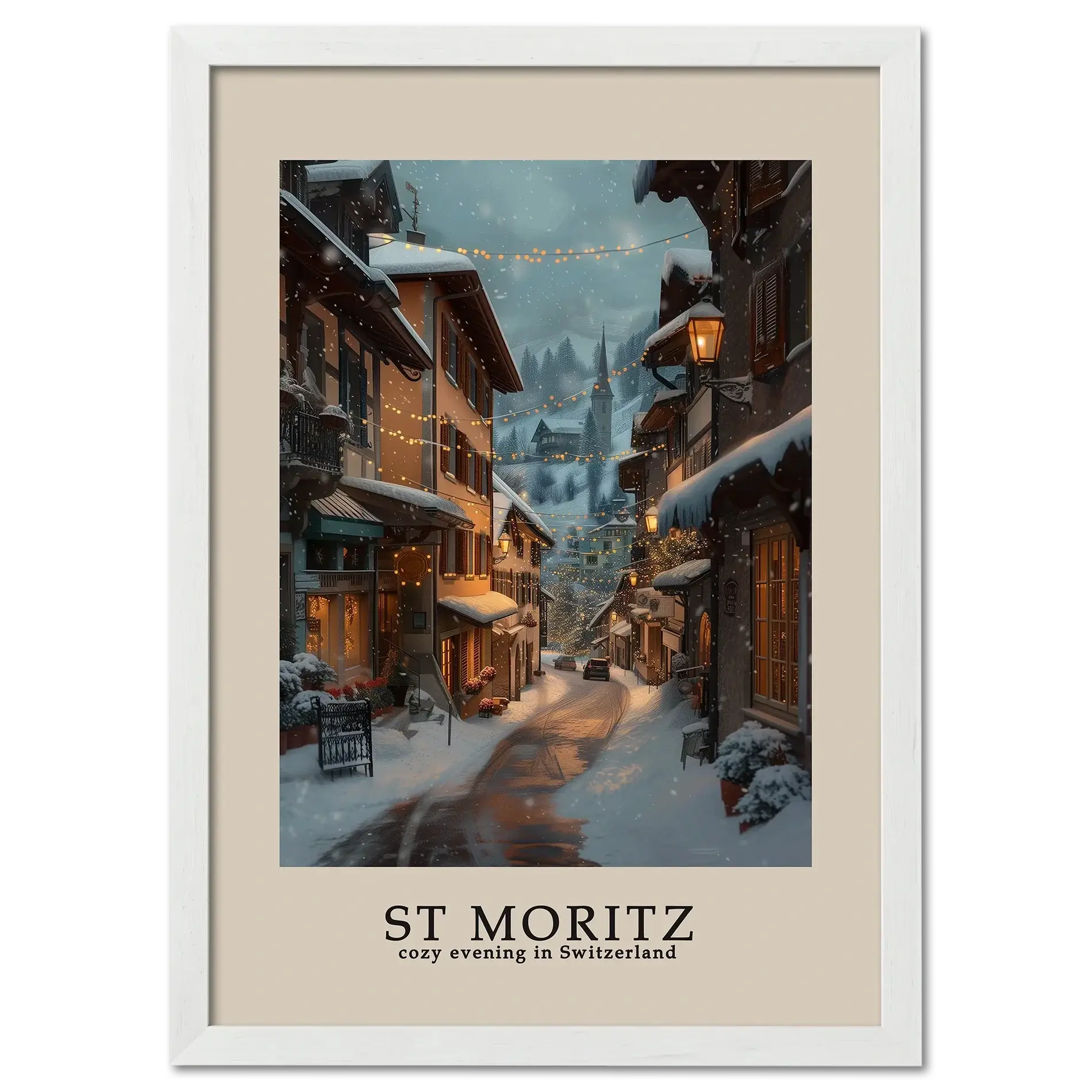 St. Moritz - Poster featuring cozy winter street with snow and warm lights in Switzerland.