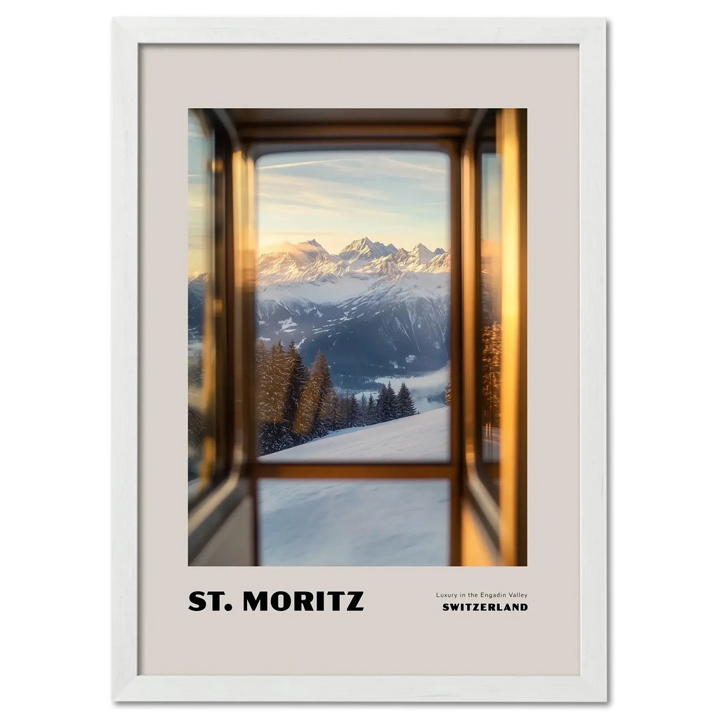 St. Moritz - Luxury in the Engadin Valley - Poster featuring serene alpine view through train window.
