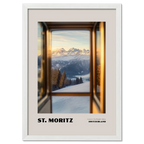 St. Moritz - Luxury in the Engadin Valley - Poster featuring serene alpine view through train window.