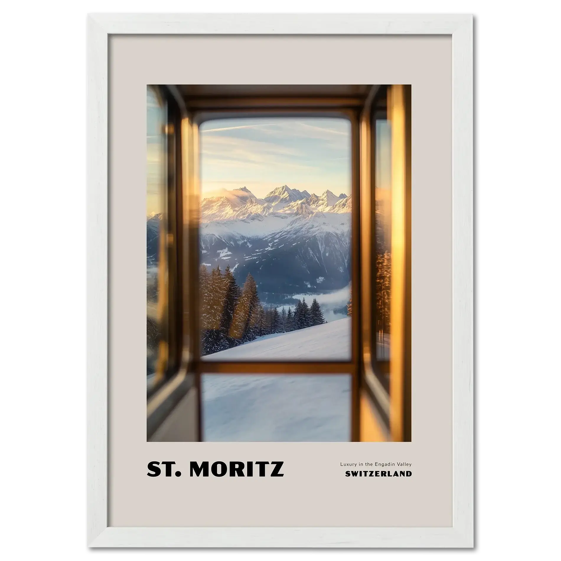 St. Moritz - Luxury in the Engadin Valley - Poster featuring serene alpine view through train window.