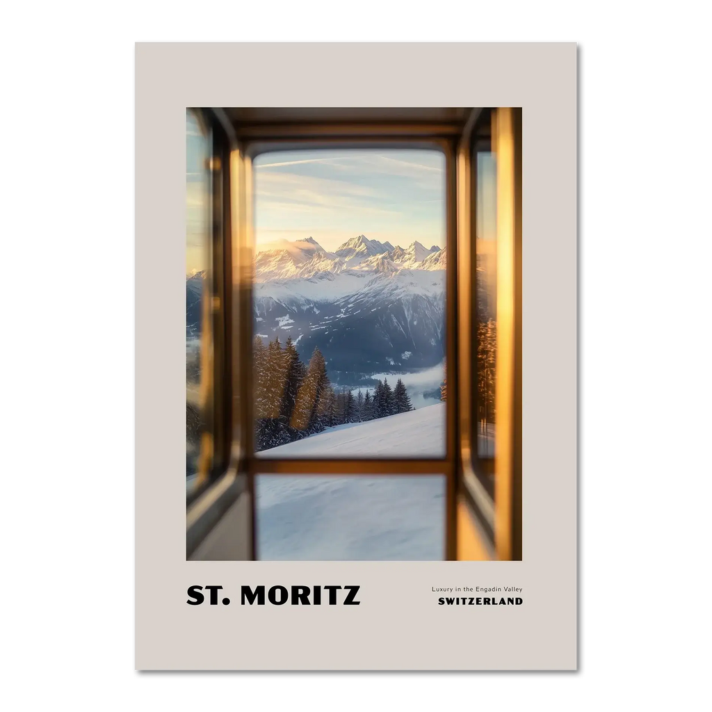 St. Moritz - Luxury in the Engadin Valley - Poster with alpine view through a train window in Switzerland.