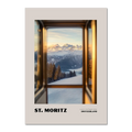 St. Moritz - Luxury in the Engadin Valley - Poster with alpine view through a train window in Switzerland.